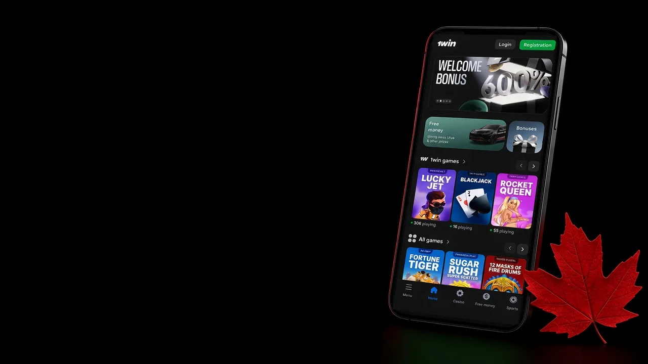 Smartphone showing the 1win app beside a red maple leaf