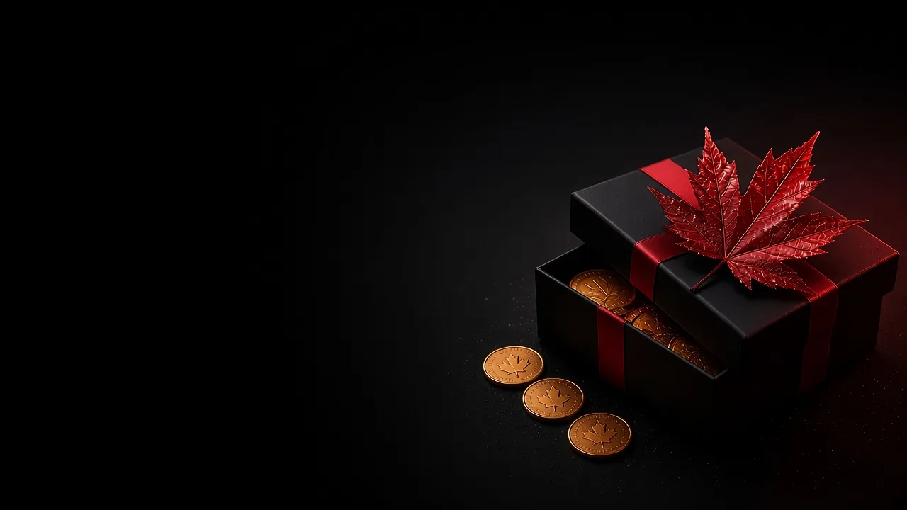 Gift box with a maple leaf and gold coins