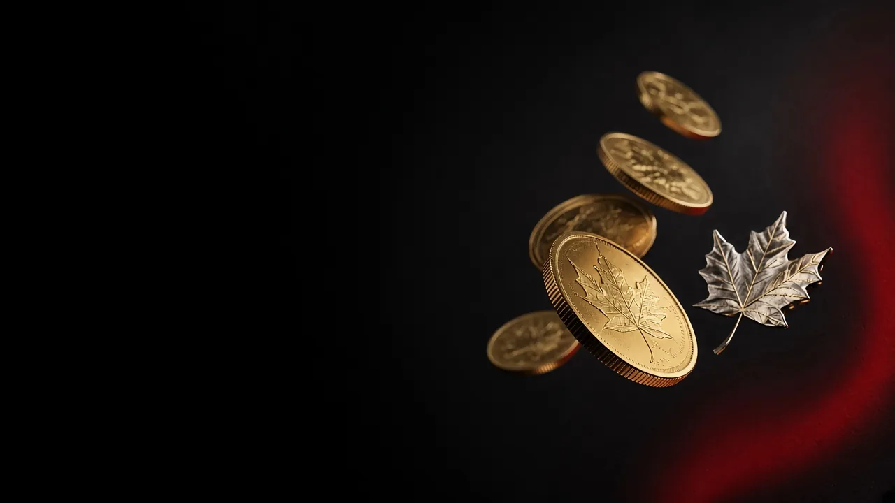 Gold coins and a metal maple leaf