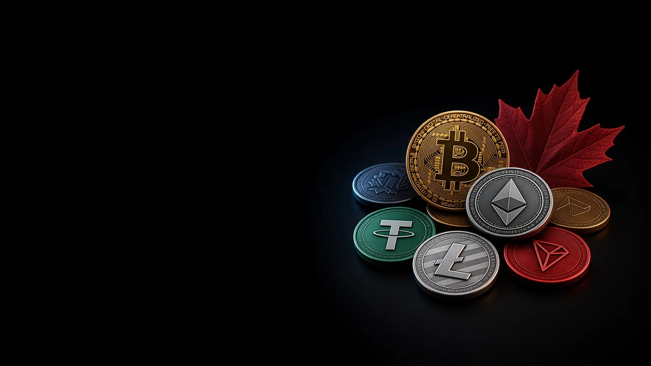 Bitcoin, Ethereum, Tether, Litecoin and TRON coins with a maple leaf