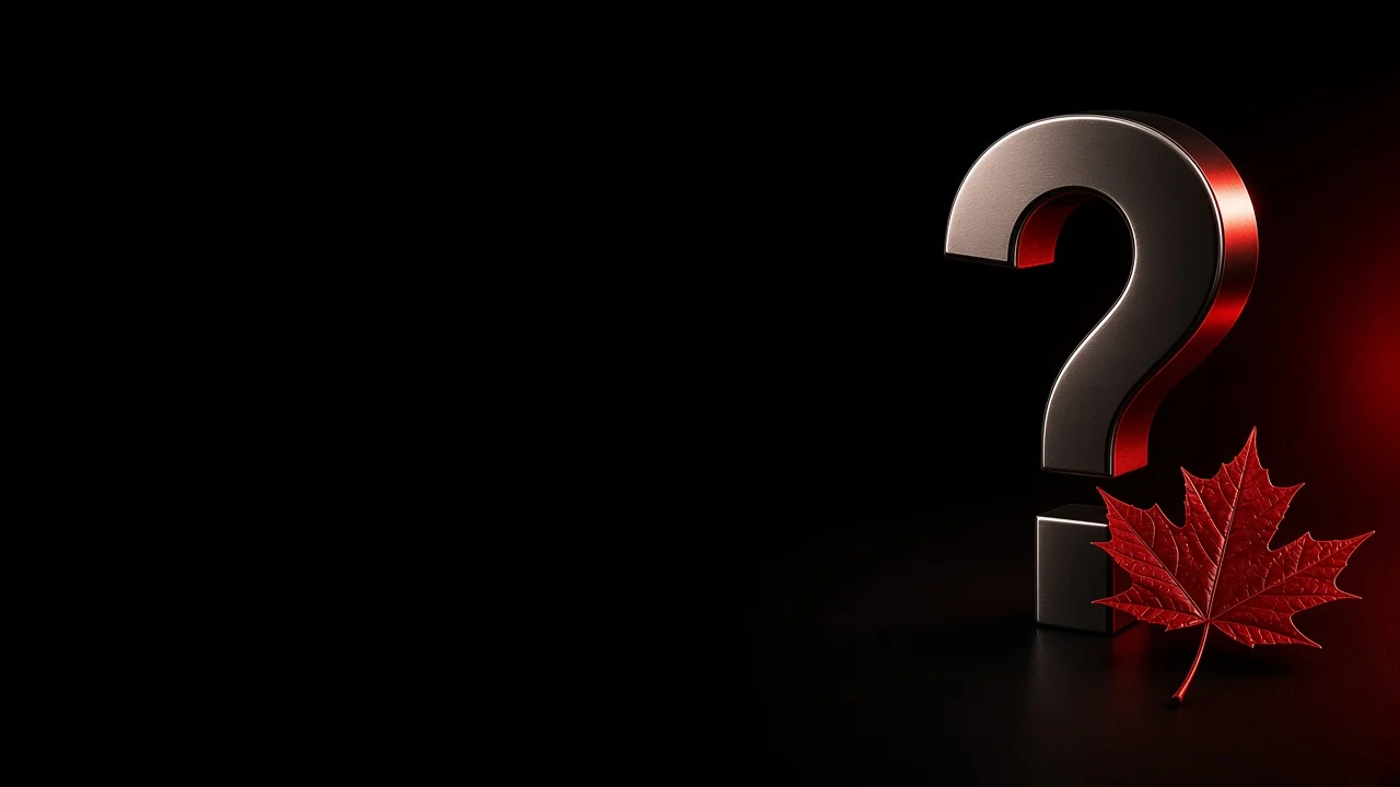 A metal question mark and a red maple leaf