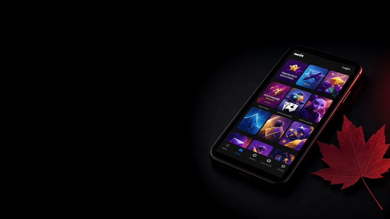 Smartphone showing a dark game lobby beside a red maple leaf