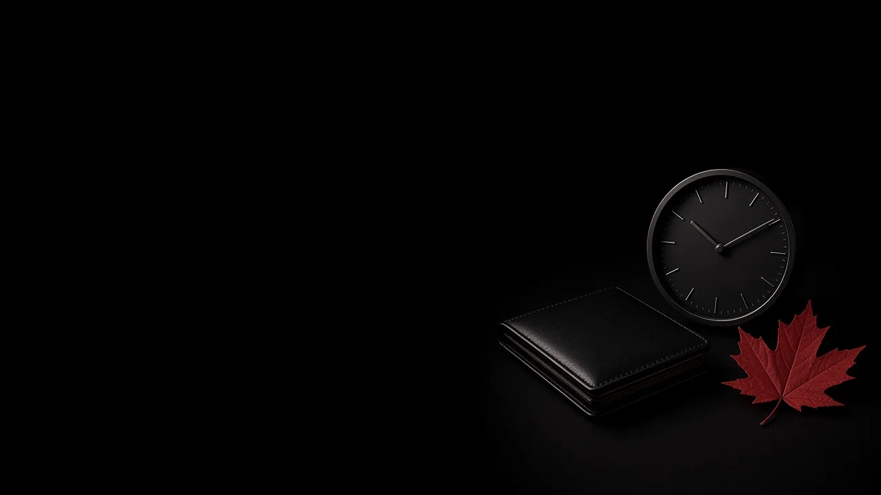 A closed wallet, a clock and a maple leaf